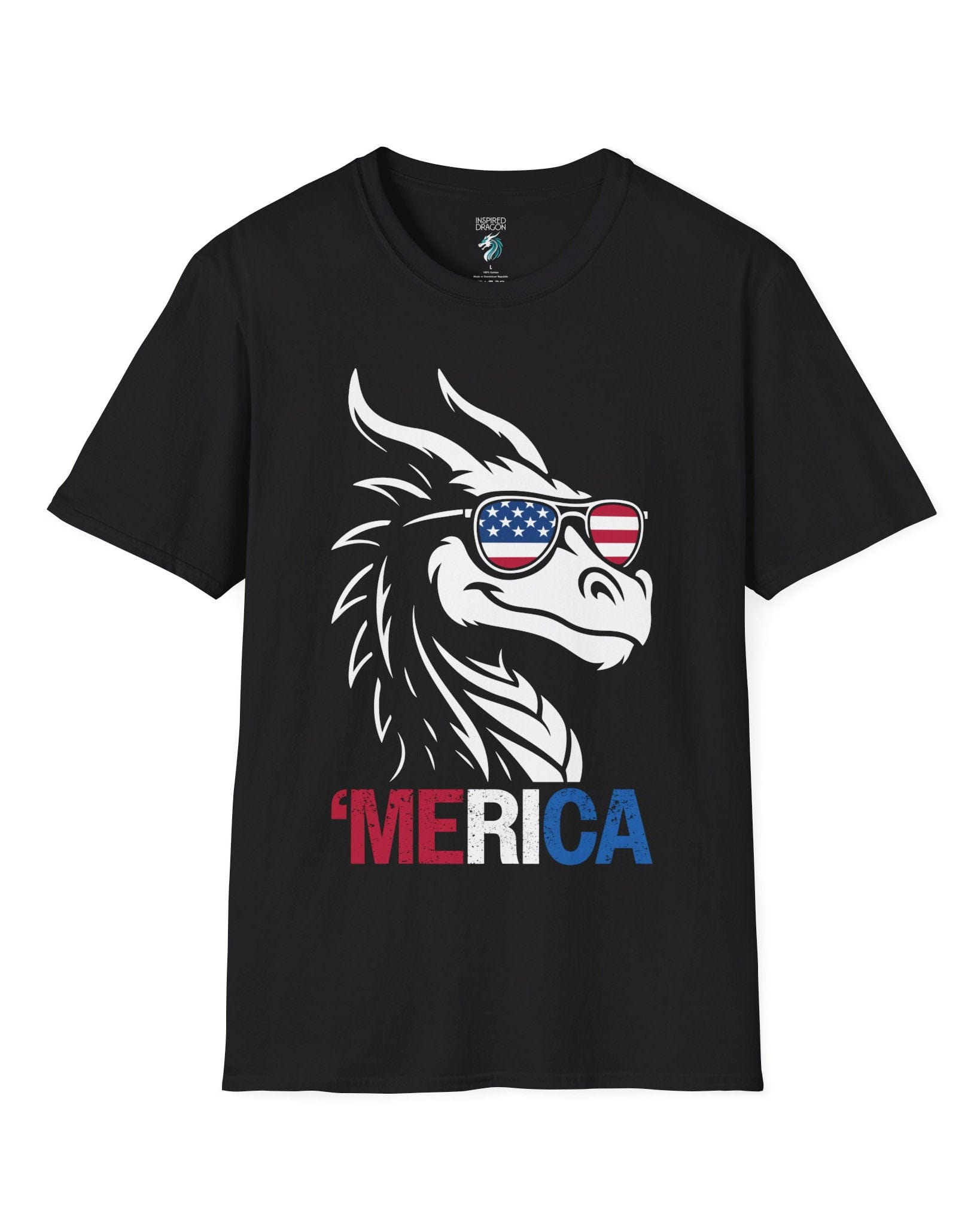 'Merica shirt in black, featuring a dragon in American flag sunglasses and patriotic red, white, and blue text.