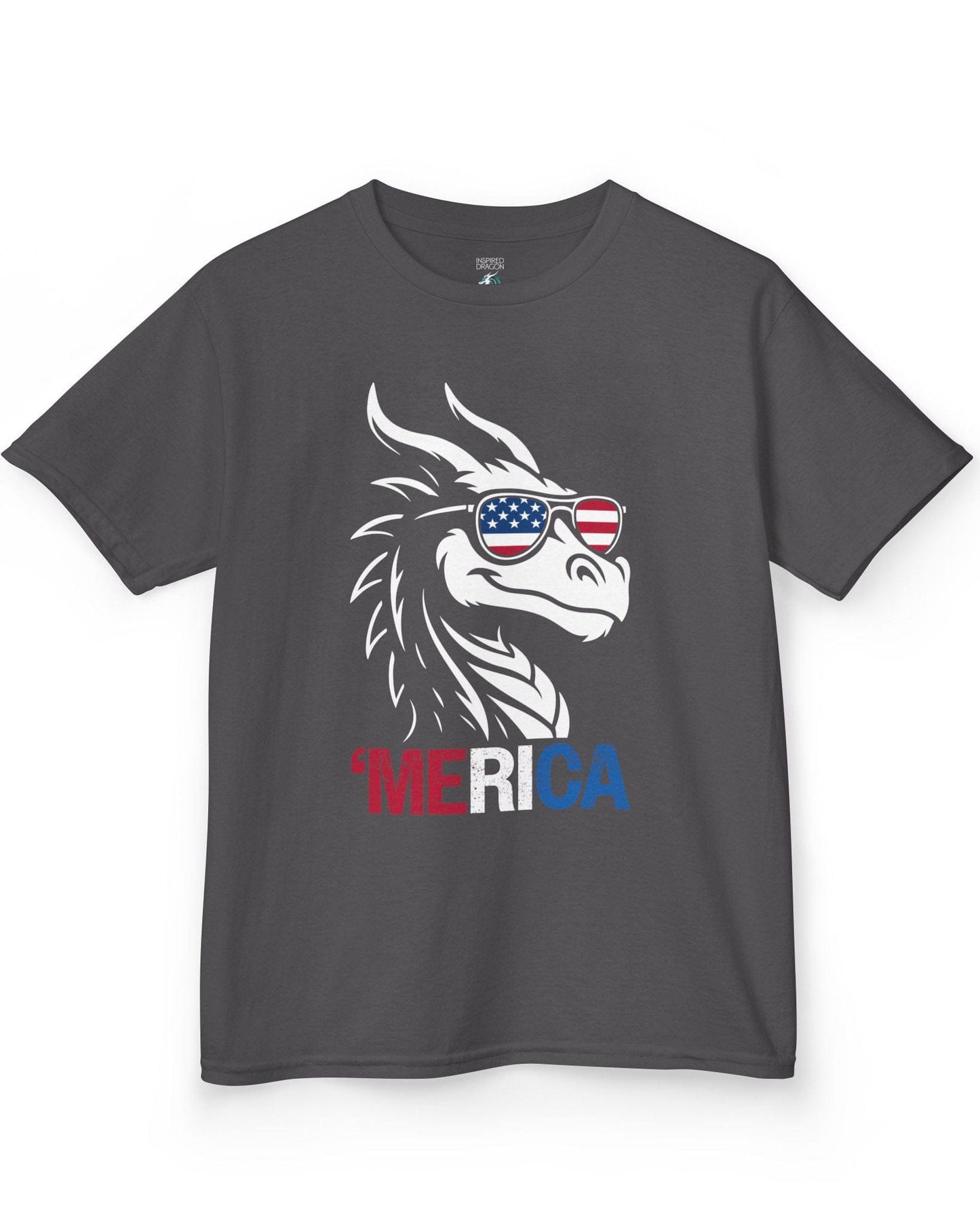 'Merica shirt in charcoal, featuring a dragon in American flag sunglasses and patriotic red, white, and blue text.