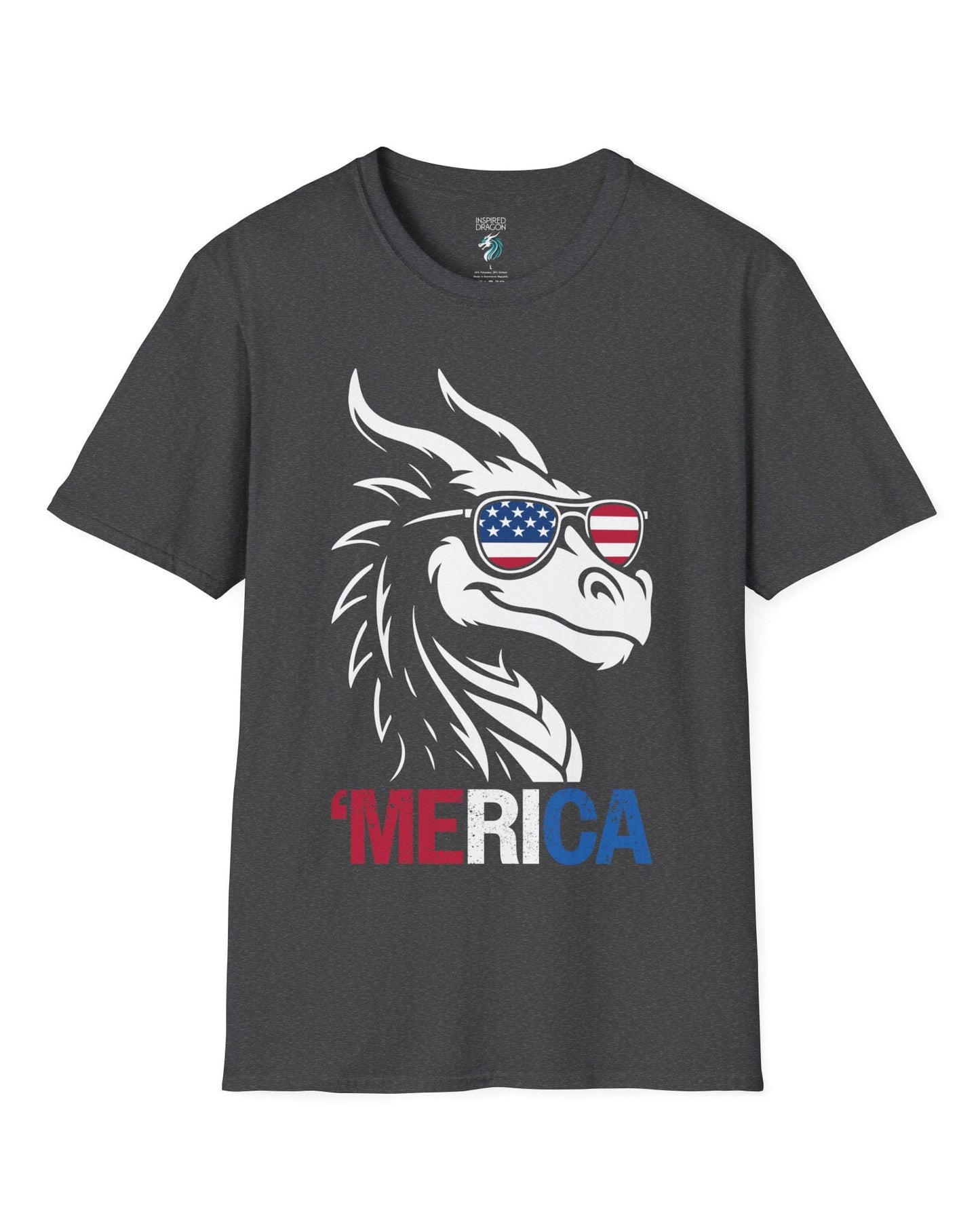'Merica shirt in dark heather grey, featuring a dragon in American flag sunglasses and patriotic red, white, and blue text.