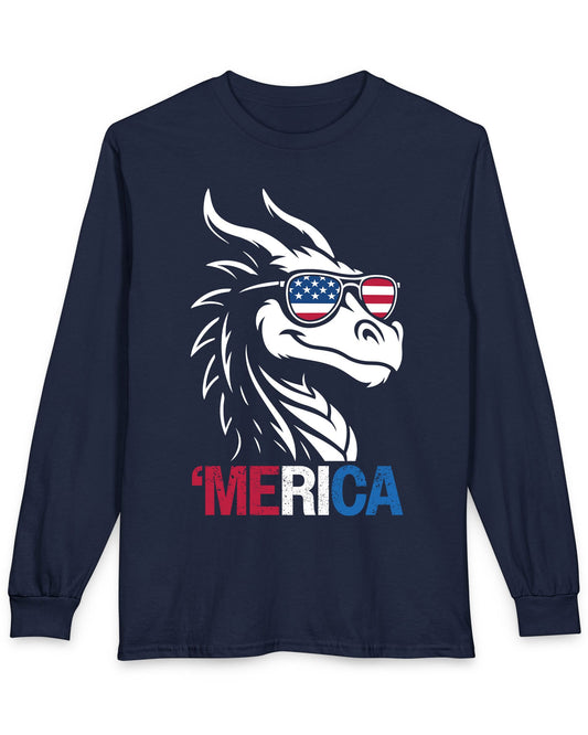 'Merica shirt in navy featuring a dragon in American flag sunglasses and patriotic red, white, and blue text
