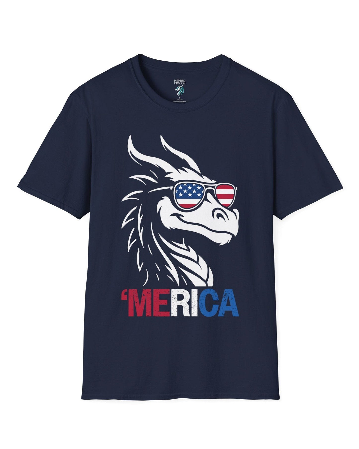 'Merica shirt in navy, featuring a dragon in American flag sunglasses and patriotic red, white, and blue text.