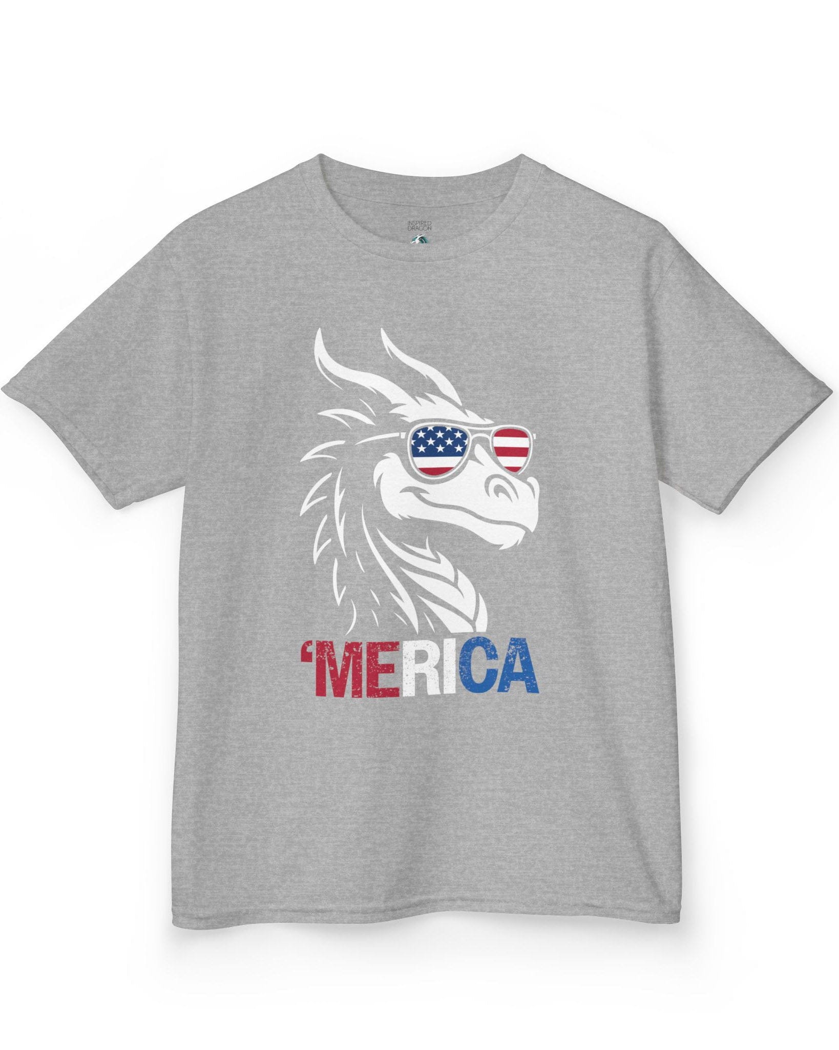 'Merica shirt in sport grey, featuring a dragon in American flag sunglasses and patriotic red, white, and blue text.
