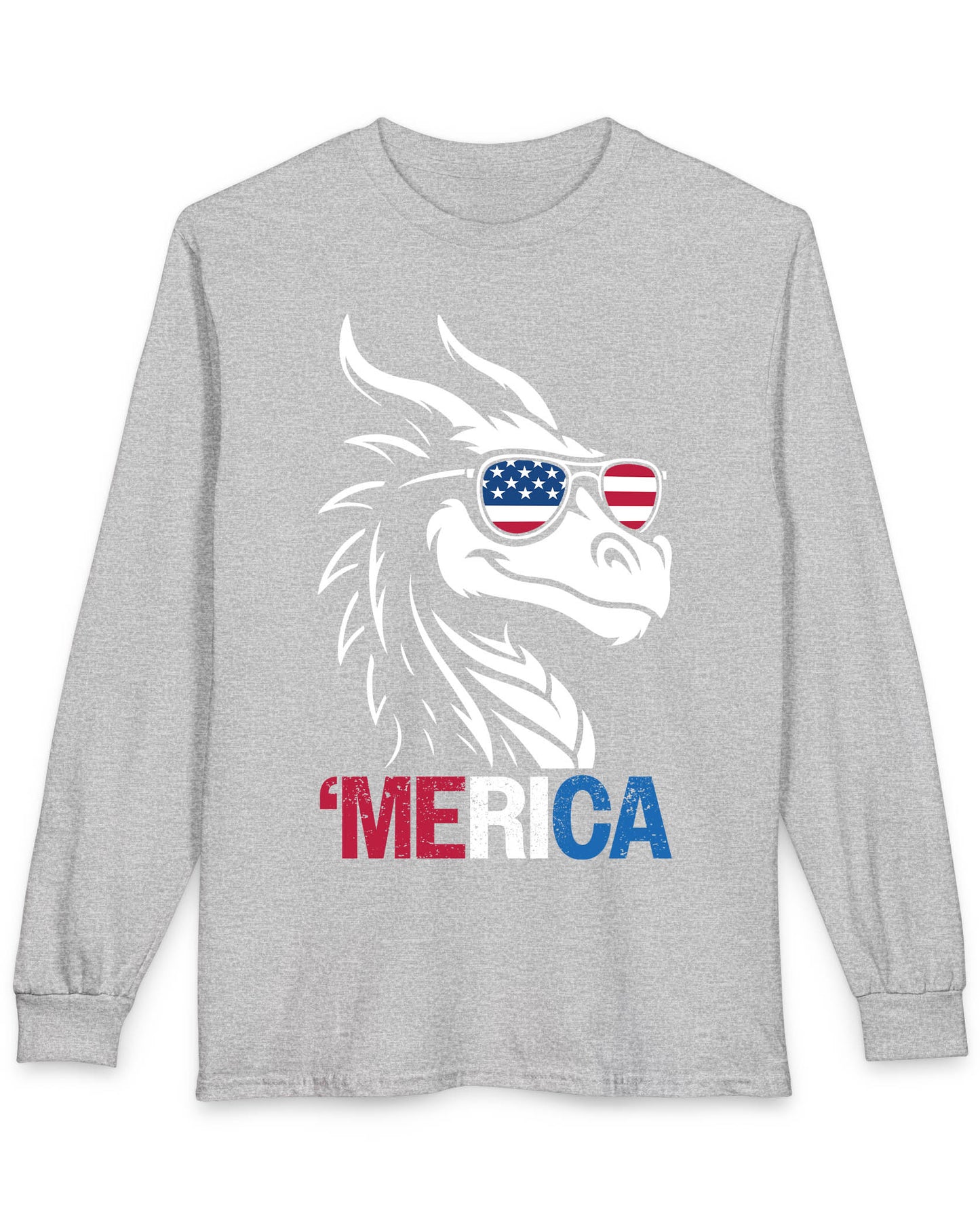 'Merica shirt in sport grey featuring a dragon in American flag sunglasses and patriotic red, white, and blue text
