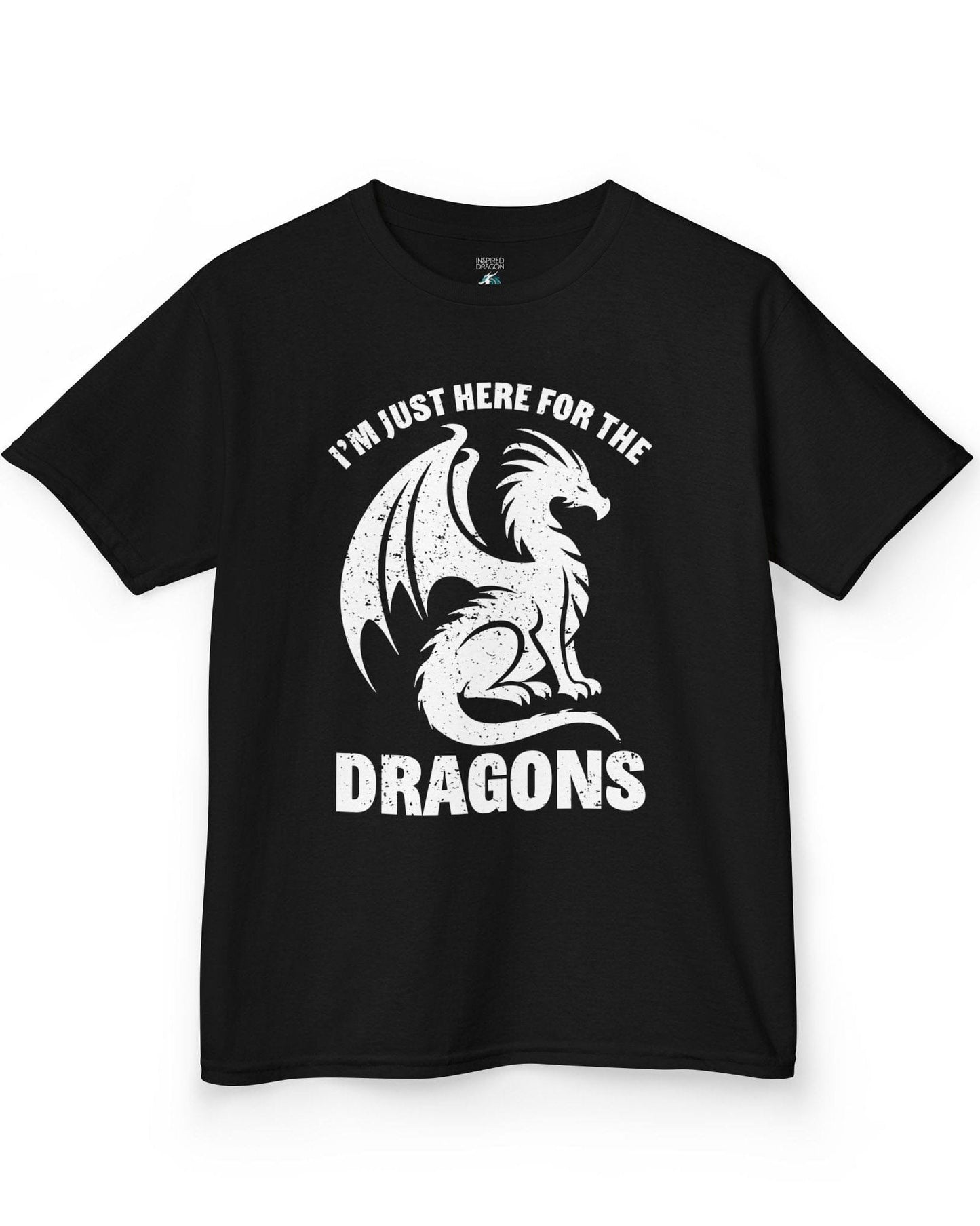 I'm Just Here for the Dragons shirt in black, featuring a distressed dragon silhouette and bold text.