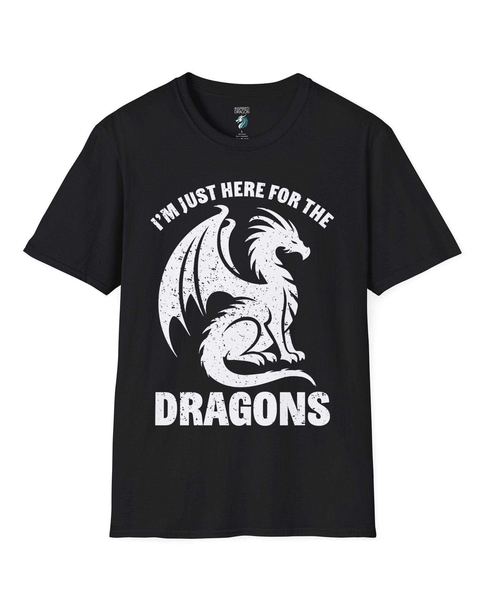 I'm Just Here for the Dragons shirt in black, featuring a distressed dragon silhouette and bold text.