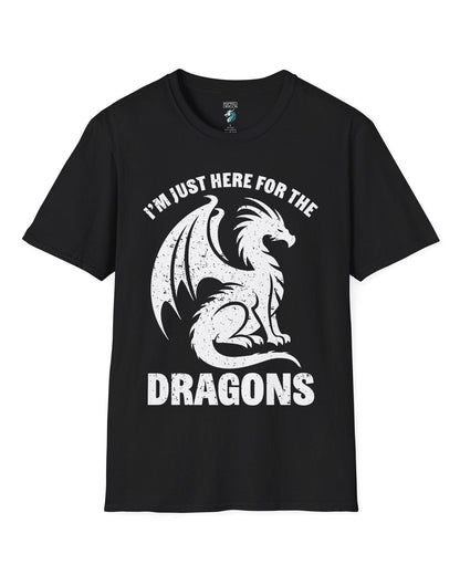 I'm Just Here for the Dragons shirt in black, featuring a distressed dragon silhouette and bold text.