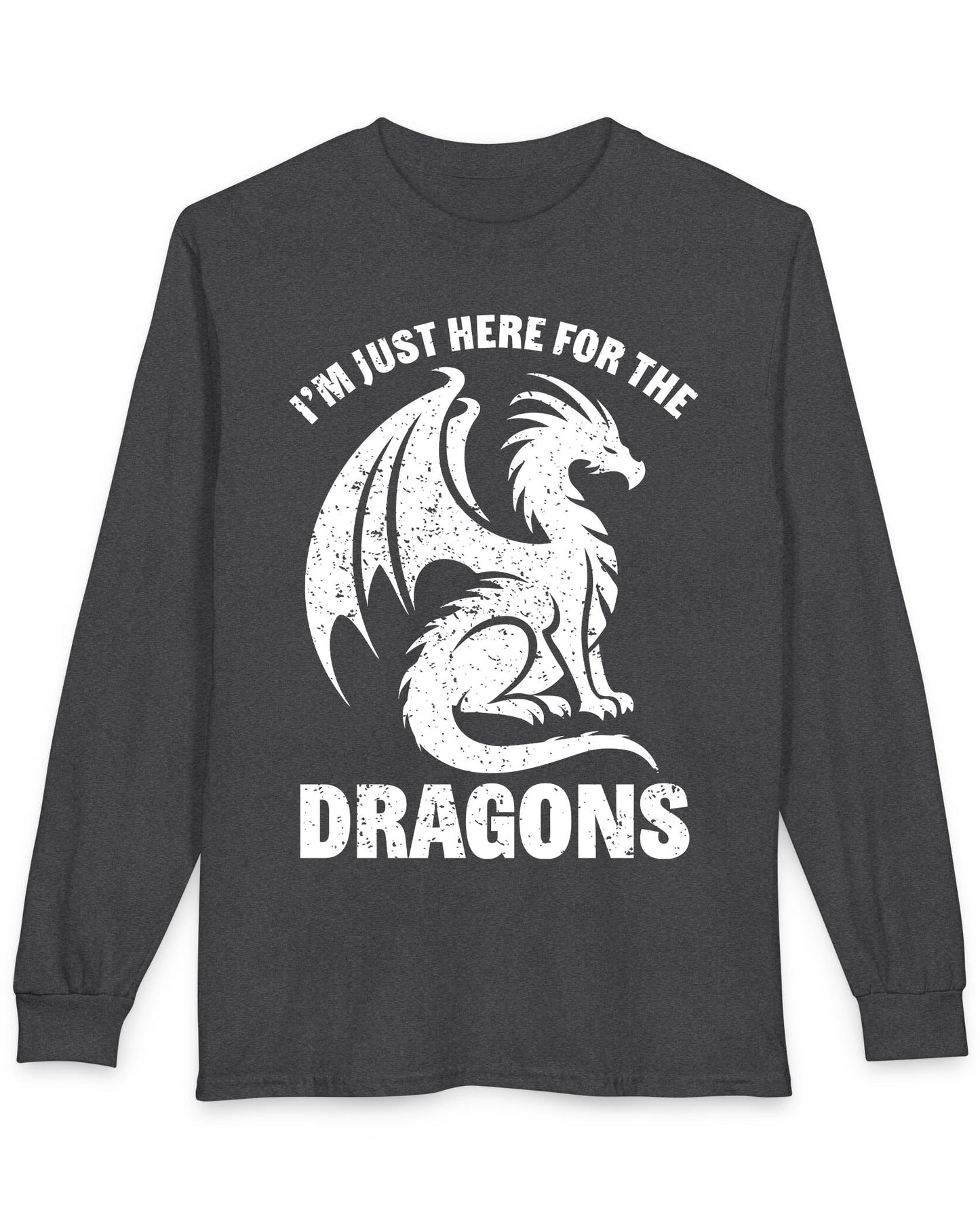 I'm Just Here for the Dragons shirt in dark heather featuring a distressed dragon silhouette and bold text