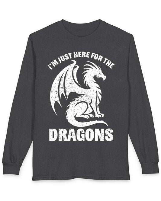 I'm Just Here for the Dragons shirt in dark heather featuring a distressed dragon silhouette and bold text