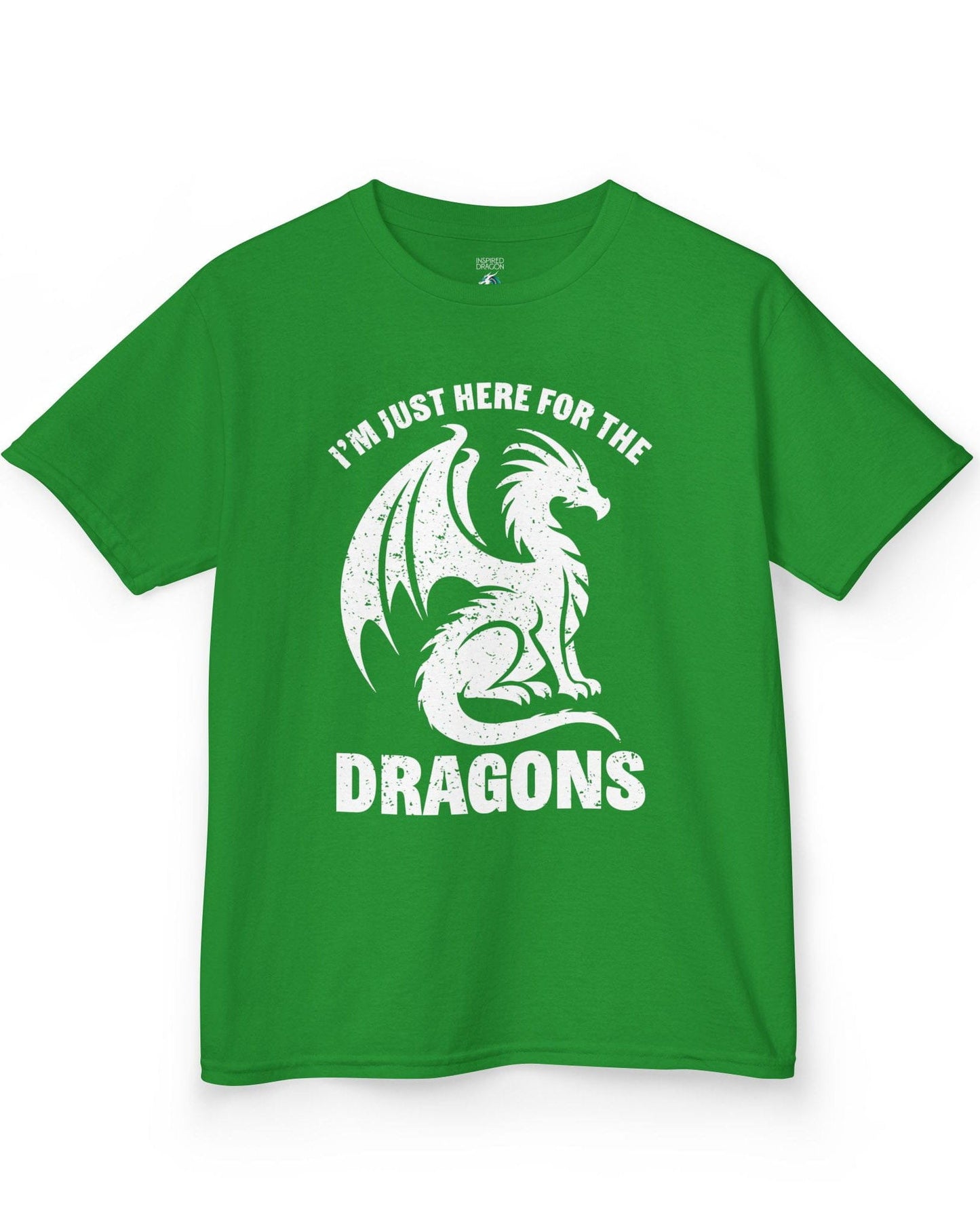 I'm Just Here for the Dragons shirt in Irish green, featuring a distressed dragon silhouette and bold text.