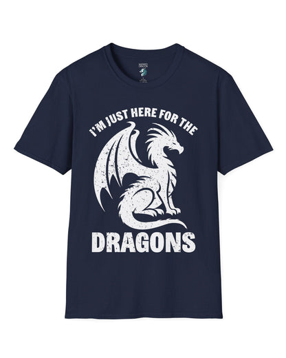 I'm Just Here for the Dragons shirt in navy, featuring a distressed dragon silhouette and bold text.
