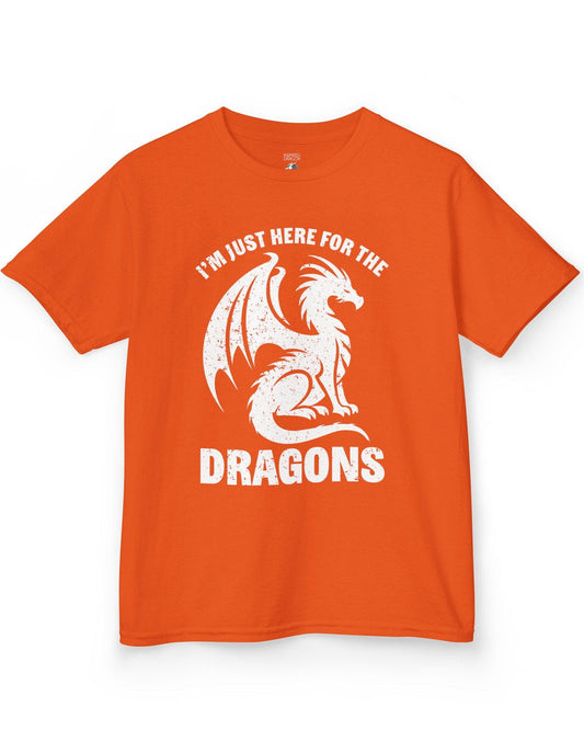 I'm Just Here for the Dragons shirt in orange, featuring a distressed dragon silhouette and bold text.