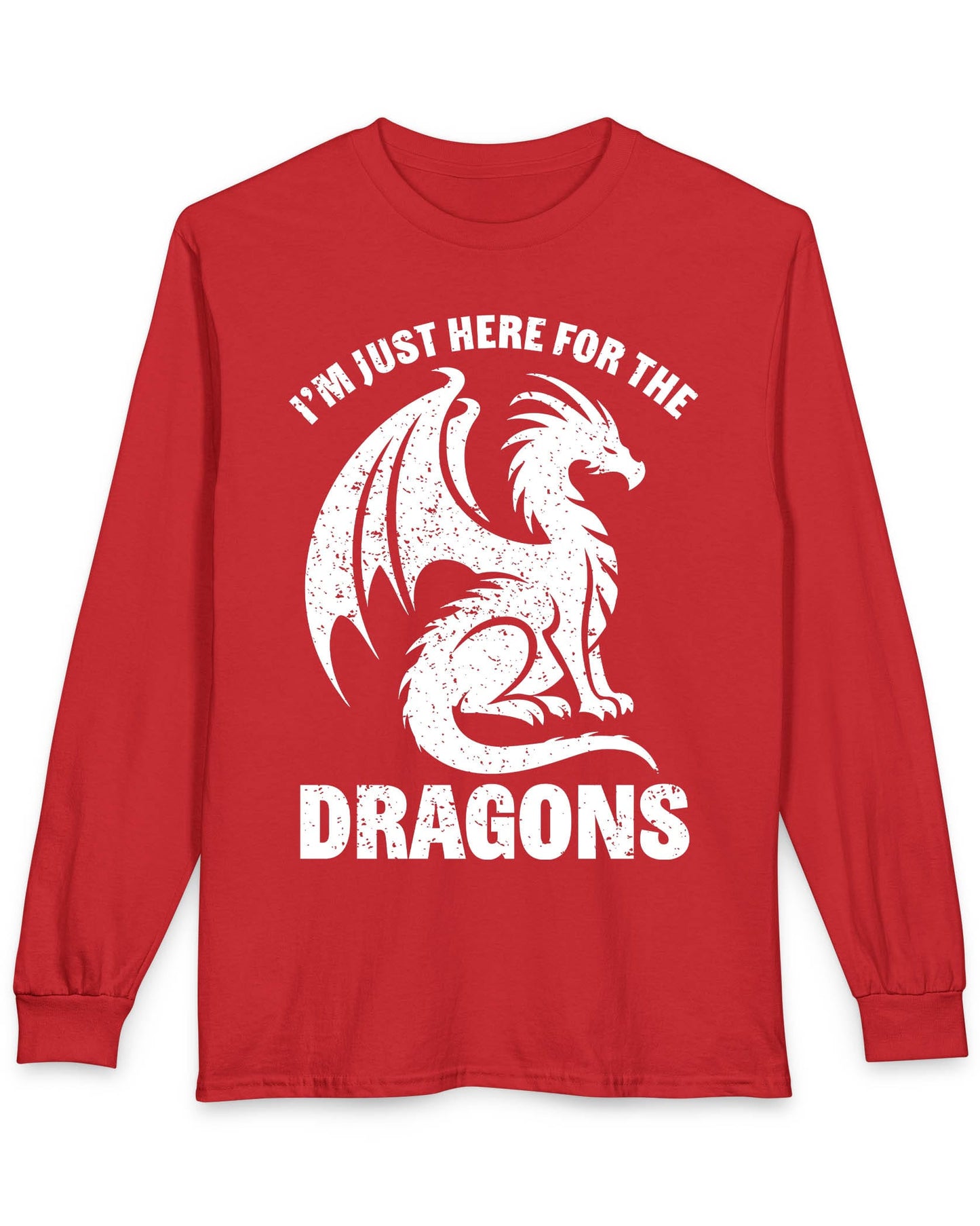 I'm Just Here for the Dragons shirt in red featuring a distressed dragon silhouette and bold text