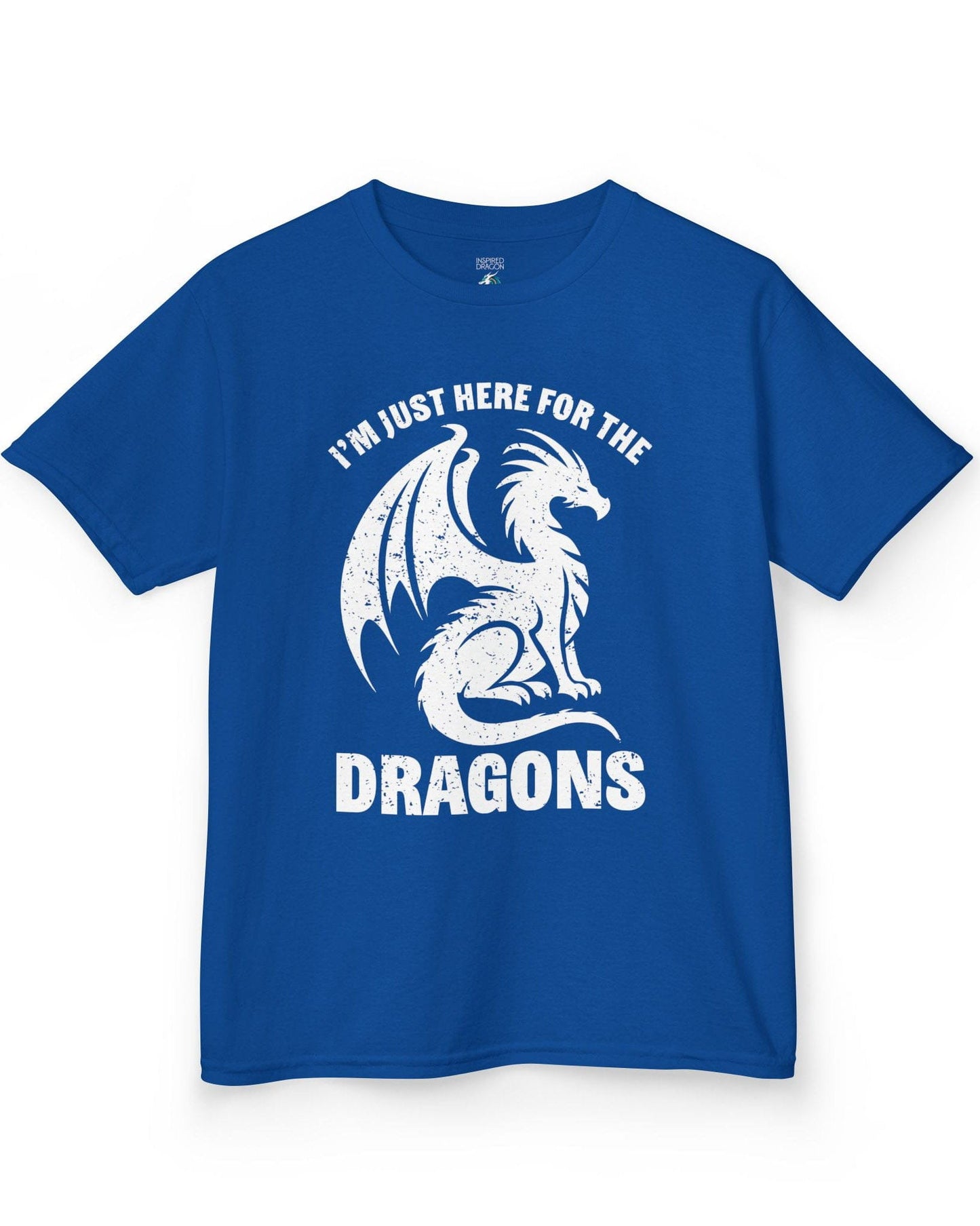 I'm Just Here for the Dragons shirt in royal blue, featuring a distressed dragon silhouette and bold text.