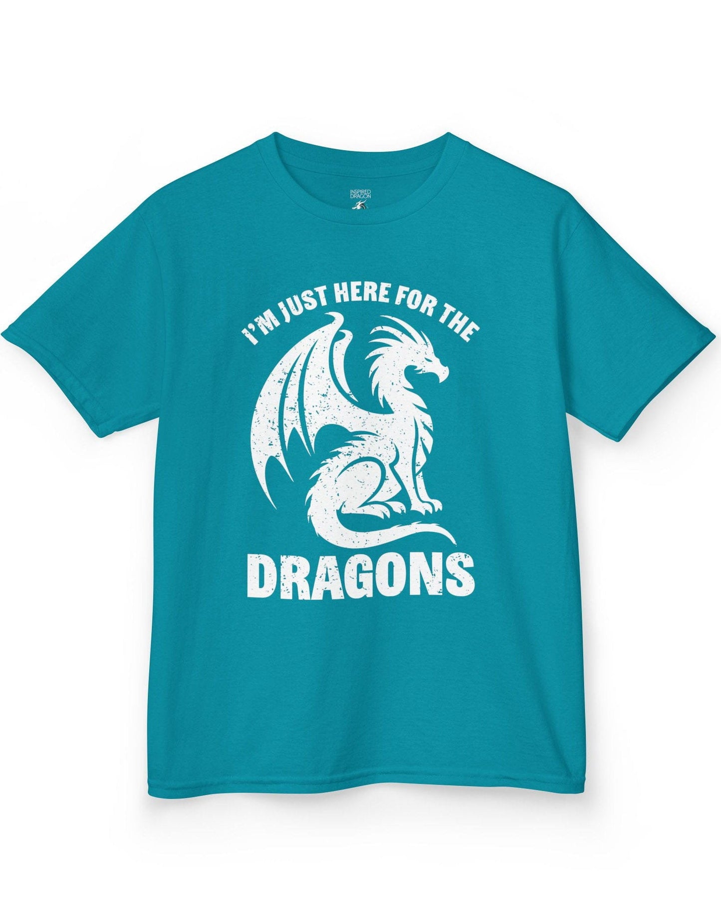 I'm Just Here for the Dragons shirt in tropical blue, featuring a distressed dragon silhouette and bold text.
