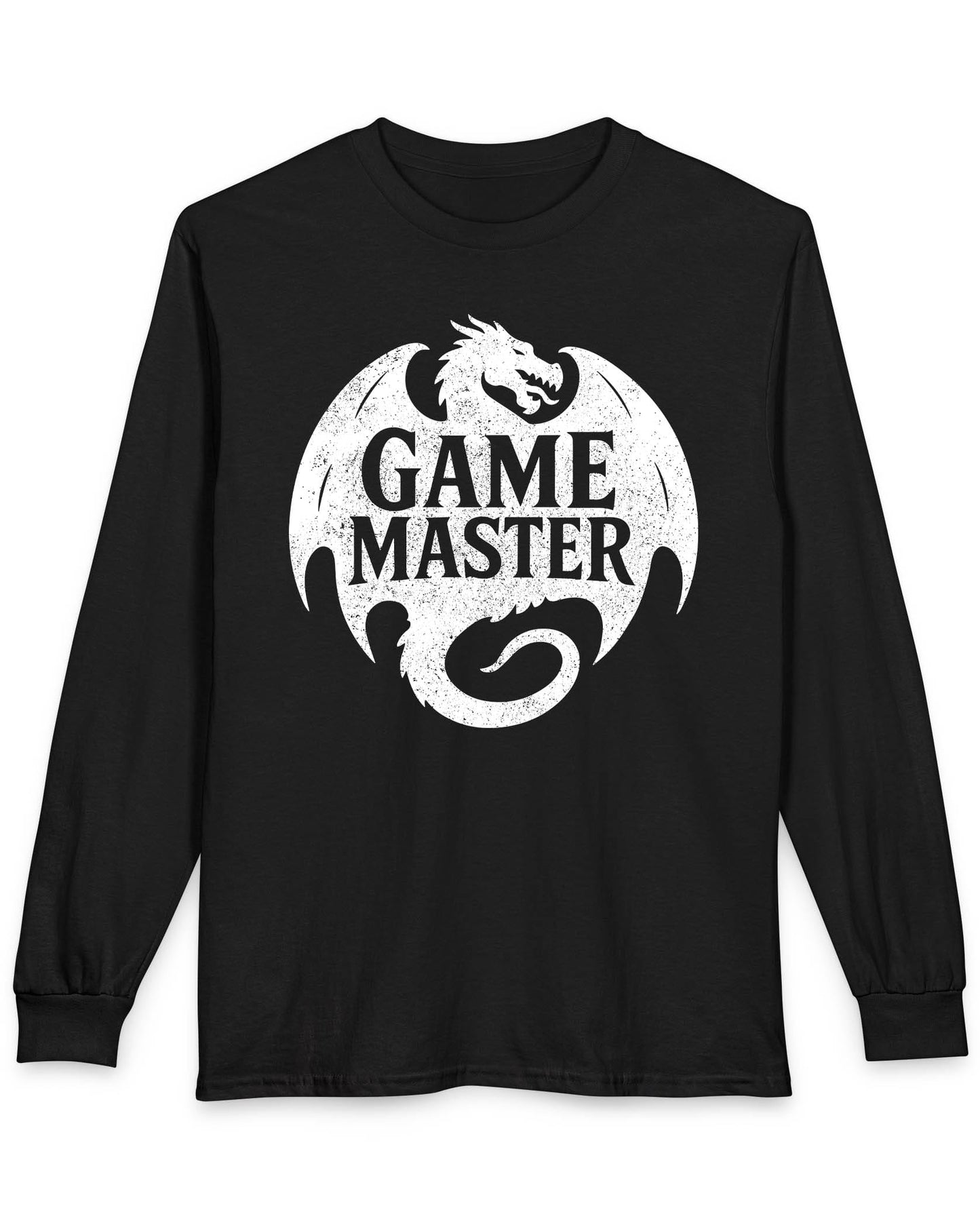 Game Master shirt in black featuring a distressed dragon silhouette encircling bold text