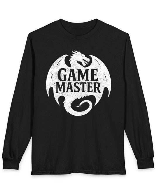 Game Master shirt in black featuring a distressed dragon silhouette encircling bold text