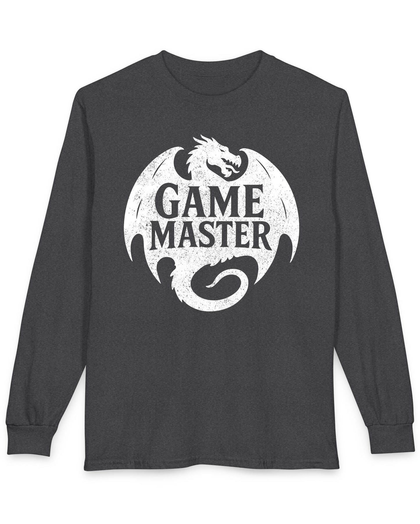 Game Master shirt in dark heather featuring a distressed dragon silhouette encircling bold text