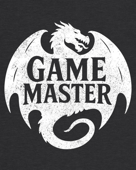 Game Master shirt in dark heather grey, featuring a distressed dragon silhouette encircling bold text.
