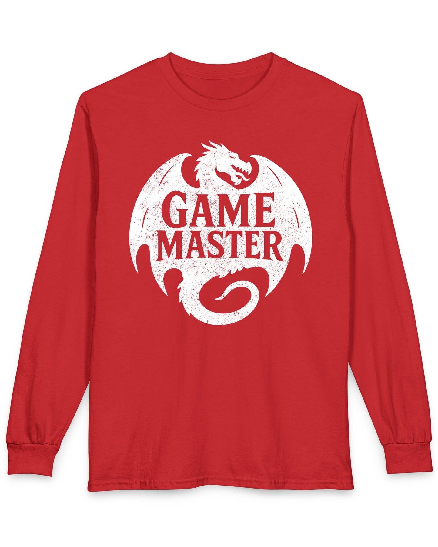 Game Master shirt in red featuring a distressed dragon silhouette encircling bold text