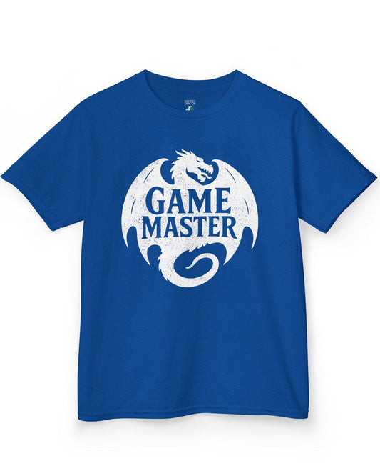 Game Master shirt in royal blue, featuring a distressed dragon silhouette encircling bold text.