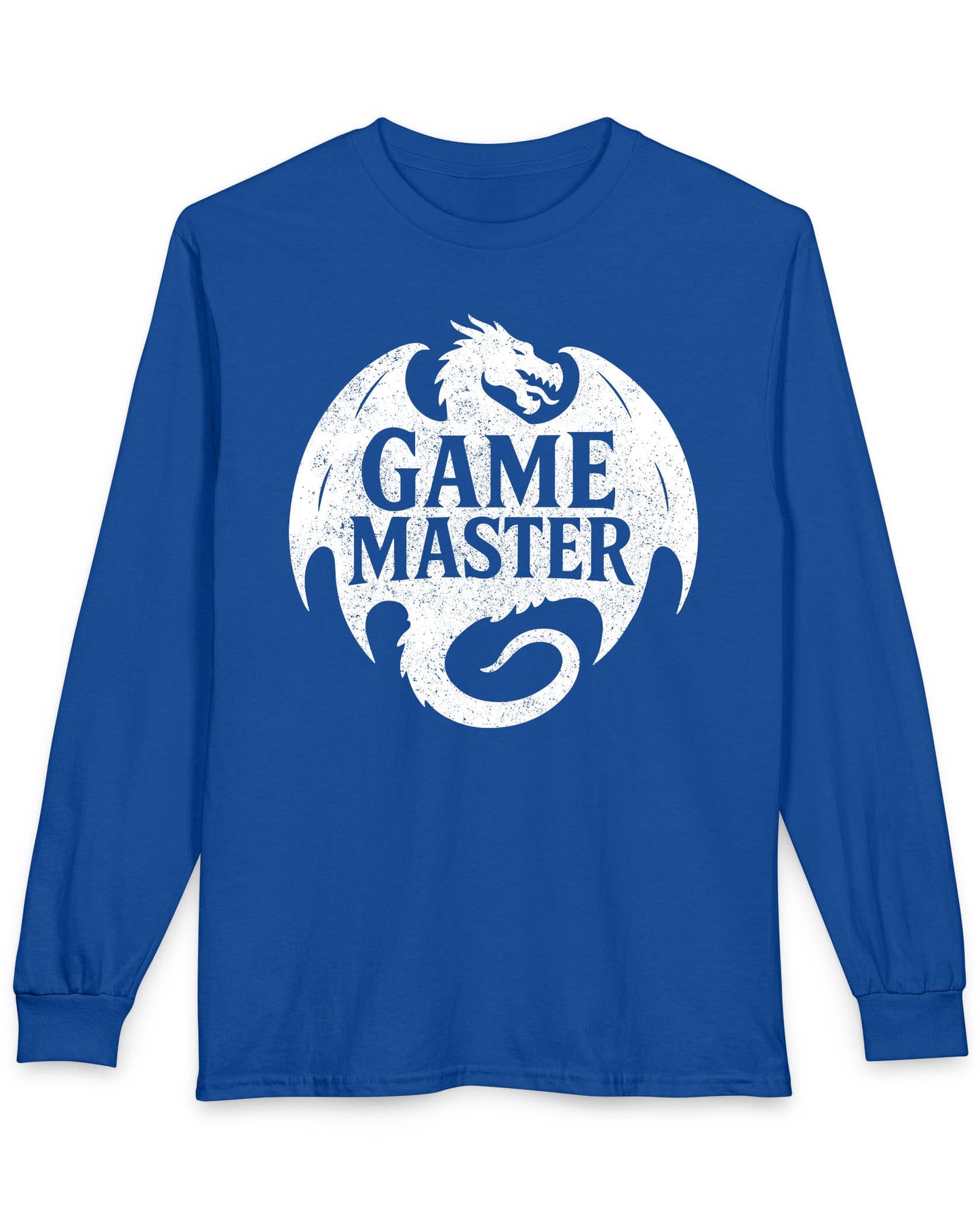 Game Master shirt in royal blue featuring a distressed dragon silhouette encircling bold text