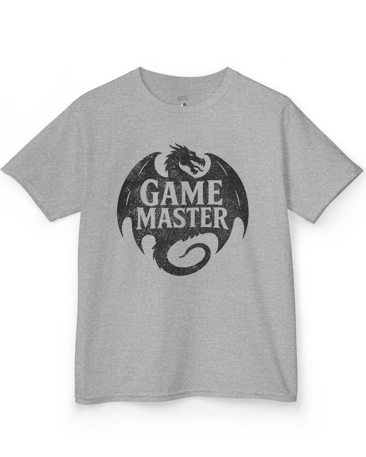 Game Master shirt in sport grey, featuring a distressed dragon silhouette encircling bold text.