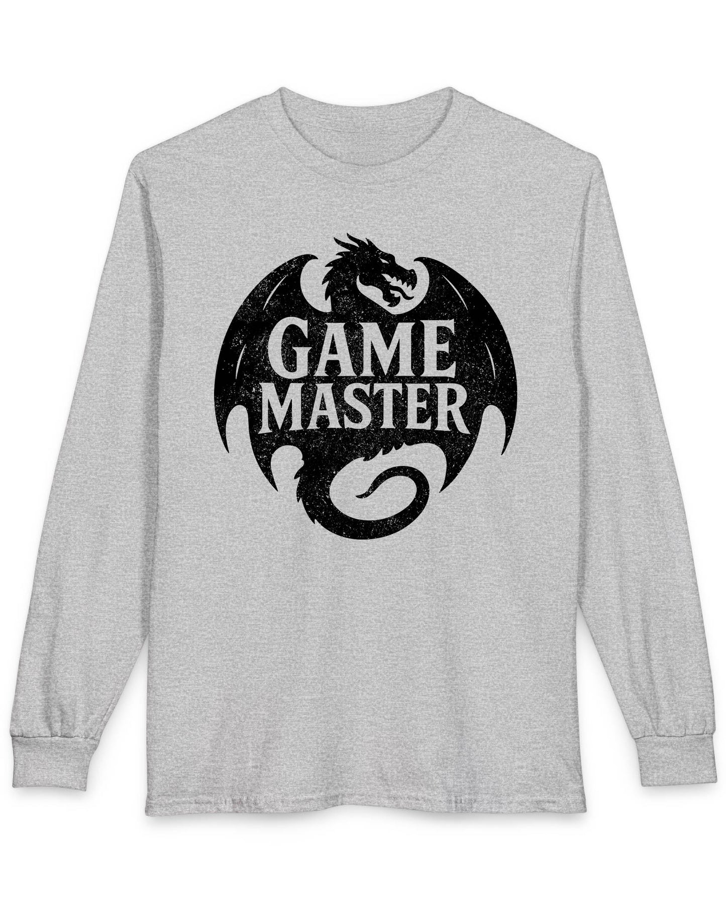 Game Master shirt in sport grey featuring a distressed dragon silhouette encircling bold text