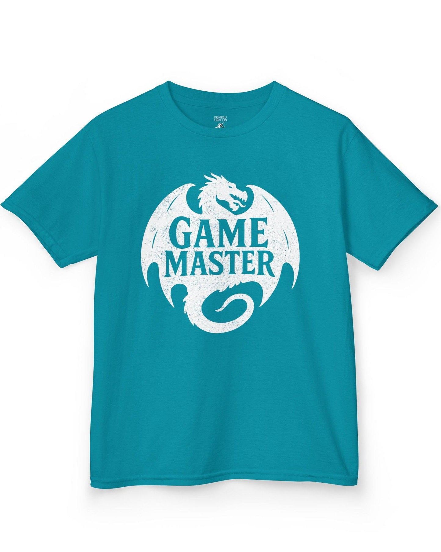 Game Master shirt in tropical blue, featuring a distressed dragon silhouette encircling bold text.