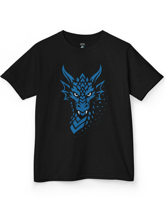 Azure Veil shirt in black, featuring a blue geometric dragon face fading into scattered digital pixels.