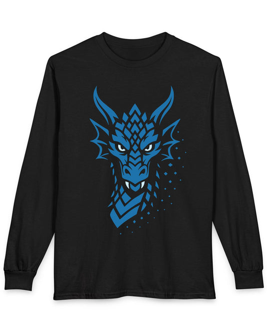 Azure Veil shirt in black featuring a blue geometric dragon face fading into scattered digital pixels