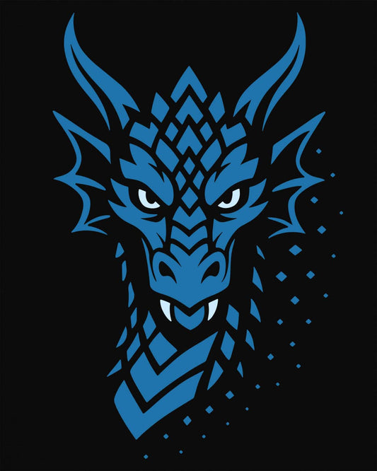 Azure Veil shirt in black, featuring a blue geometric dragon face fading into scattered digital pixels.