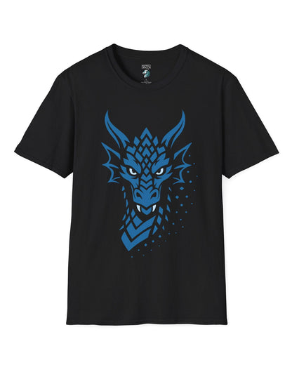 Azure Veil shirt in black, featuring a blue geometric dragon face fading into scattered digital pixels.
