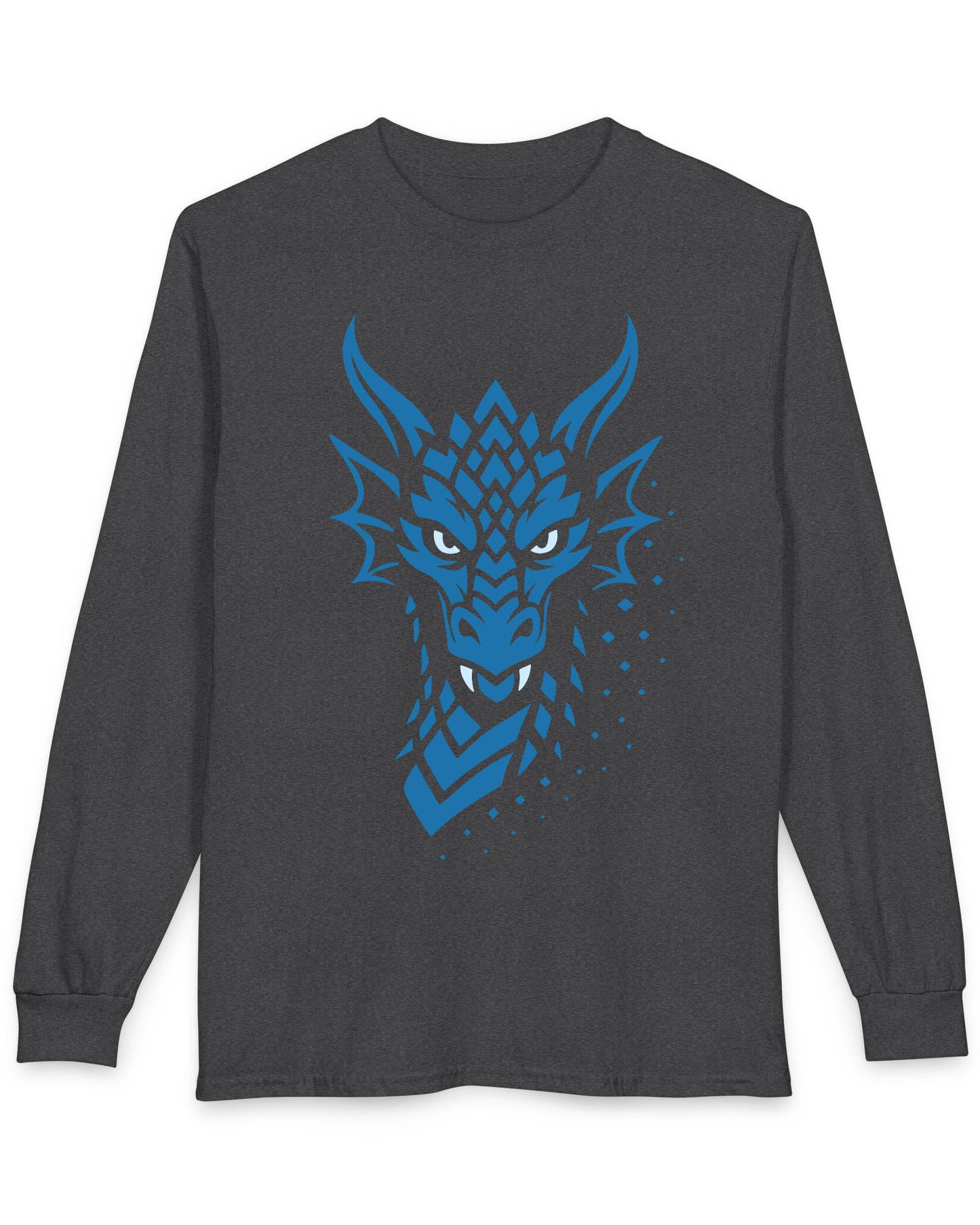 Azure Veil shirt in dark heather featuring a blue geometric dragon face fading into scattered digital pixels
