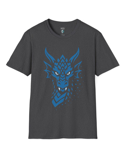 Azure Veil shirt in dark heather grey, featuring a blue geometric dragon face fading into scattered digital pixels.