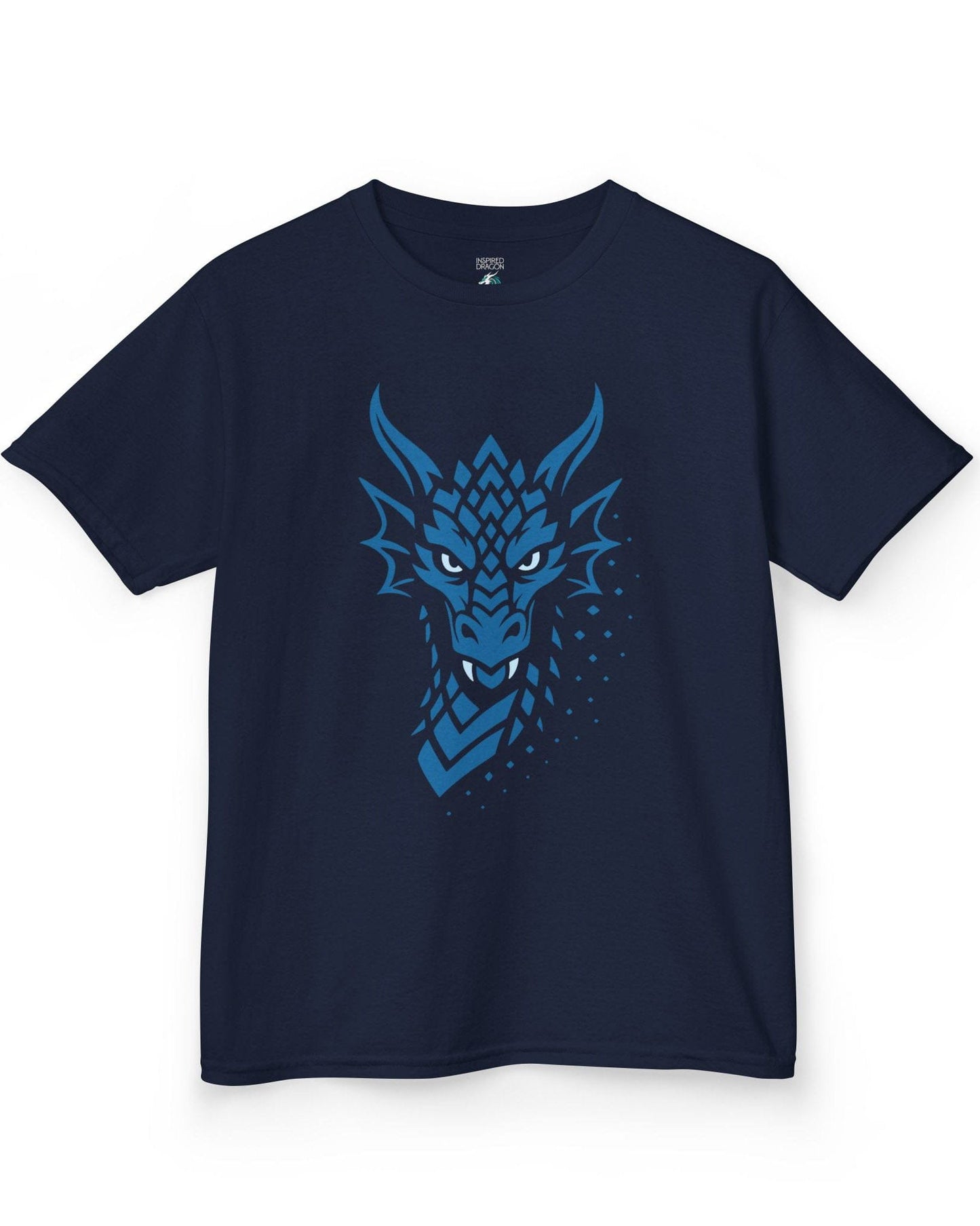 Azure Veil shirt in navy, featuring a blue geometric dragon face fading into scattered digital pixels.