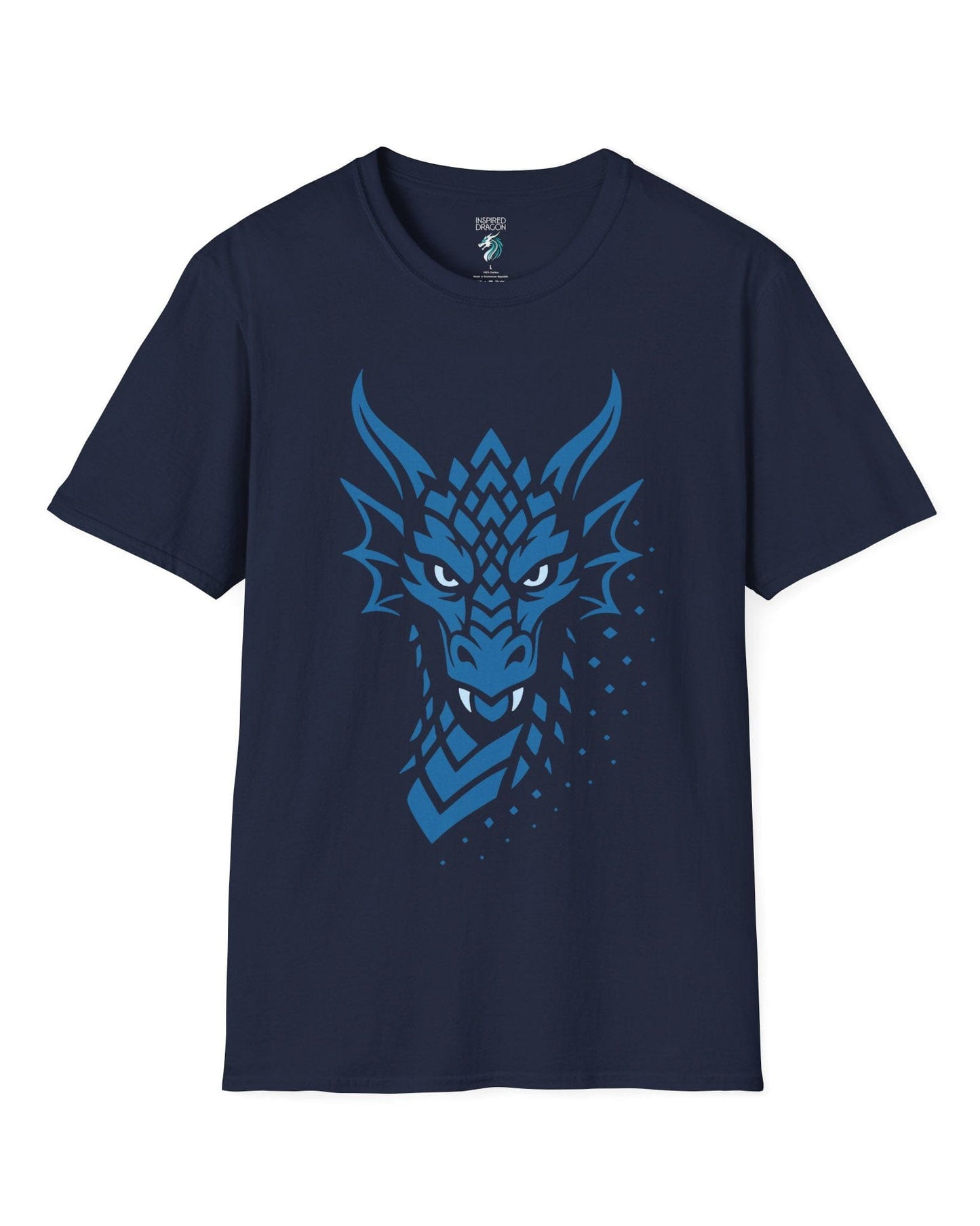 Azure Veil shirt in navy, featuring a blue geometric dragon face fading into scattered digital pixels.