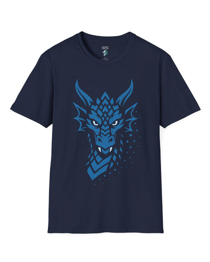 Azure Veil shirt in navy, featuring a blue geometric dragon face fading into scattered digital pixels.