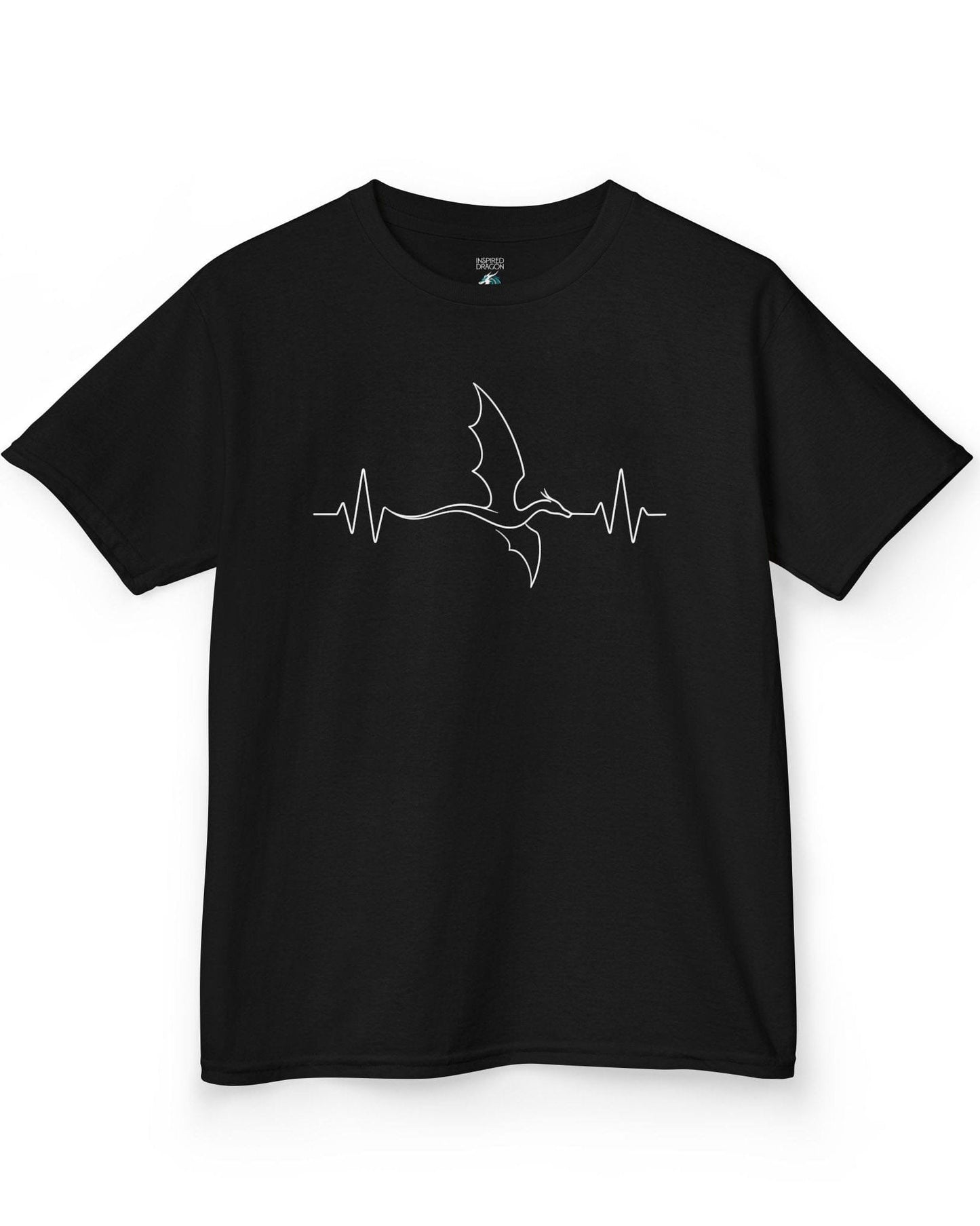 Dragon Heartbeat shirt in black, featuring line art of a flying dragon integrated into an EKG line.