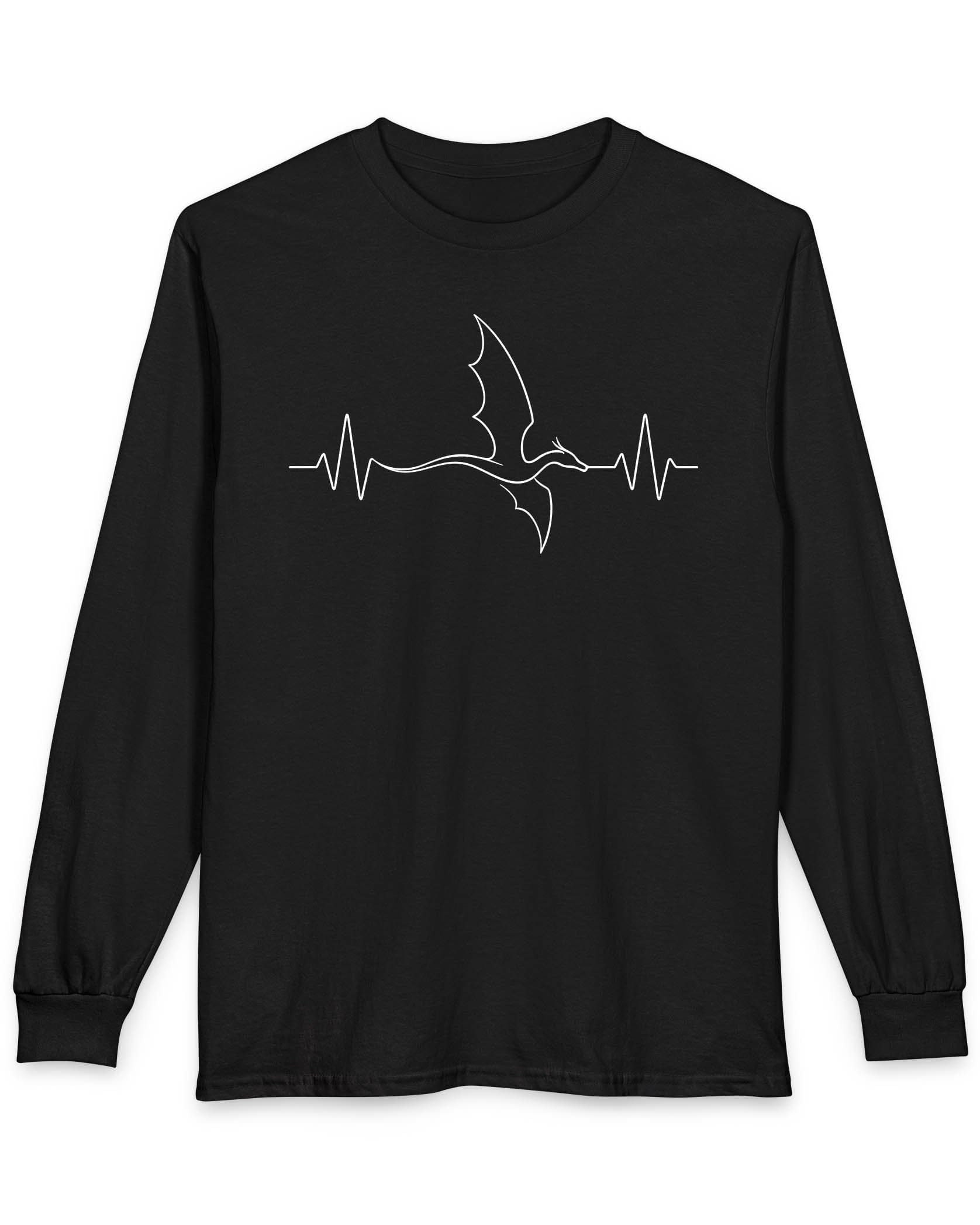Dragon Heartbeat shirt in black, featuring line art of a flying dragon integrated into an EKG line.