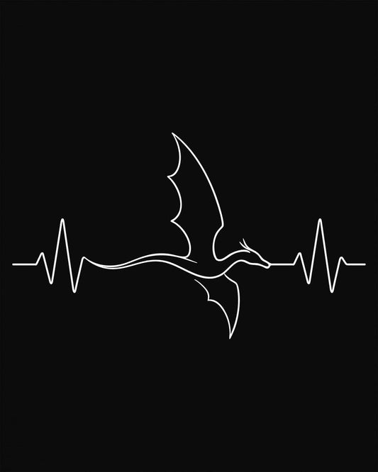 Dragon Heartbeat shirt in black, featuring line art of a flying dragon integrated into an EKG line.