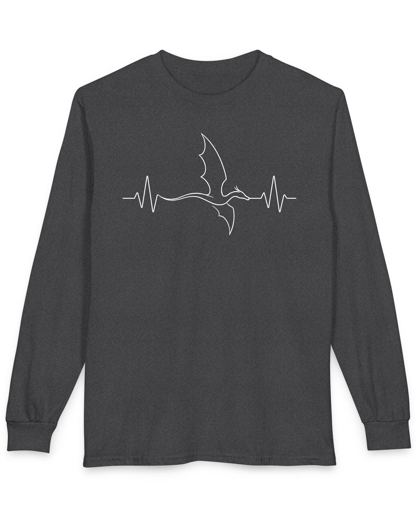 Dragon Heartbeat shirt in dark heather grey, featuring line art of a flying dragon integrated into an EKG line.