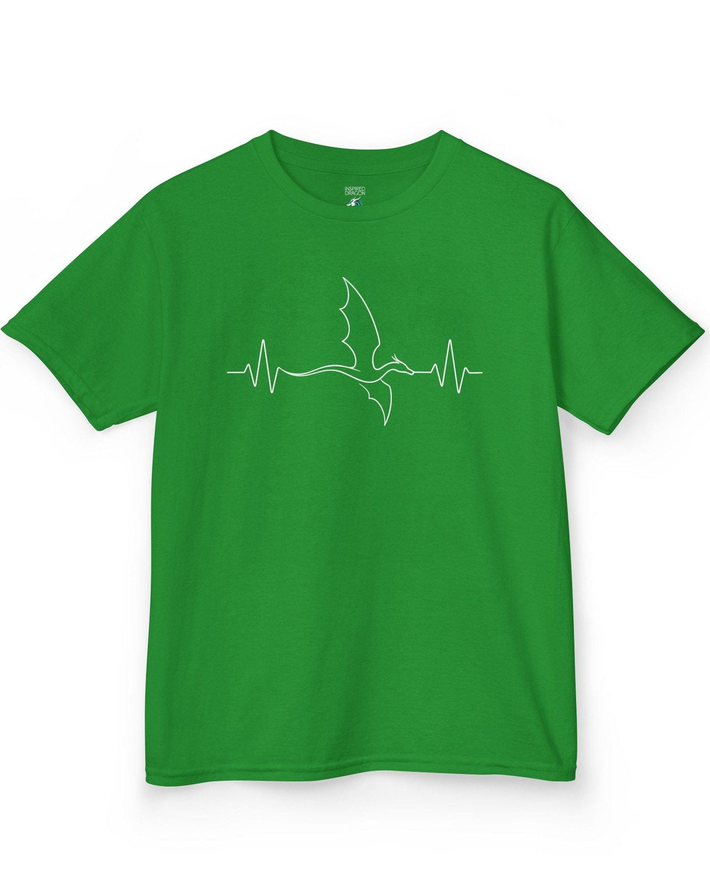 Dragon Heartbeat shirt in Irish green, featuring line art of a flying dragon integrated into an EKG line.