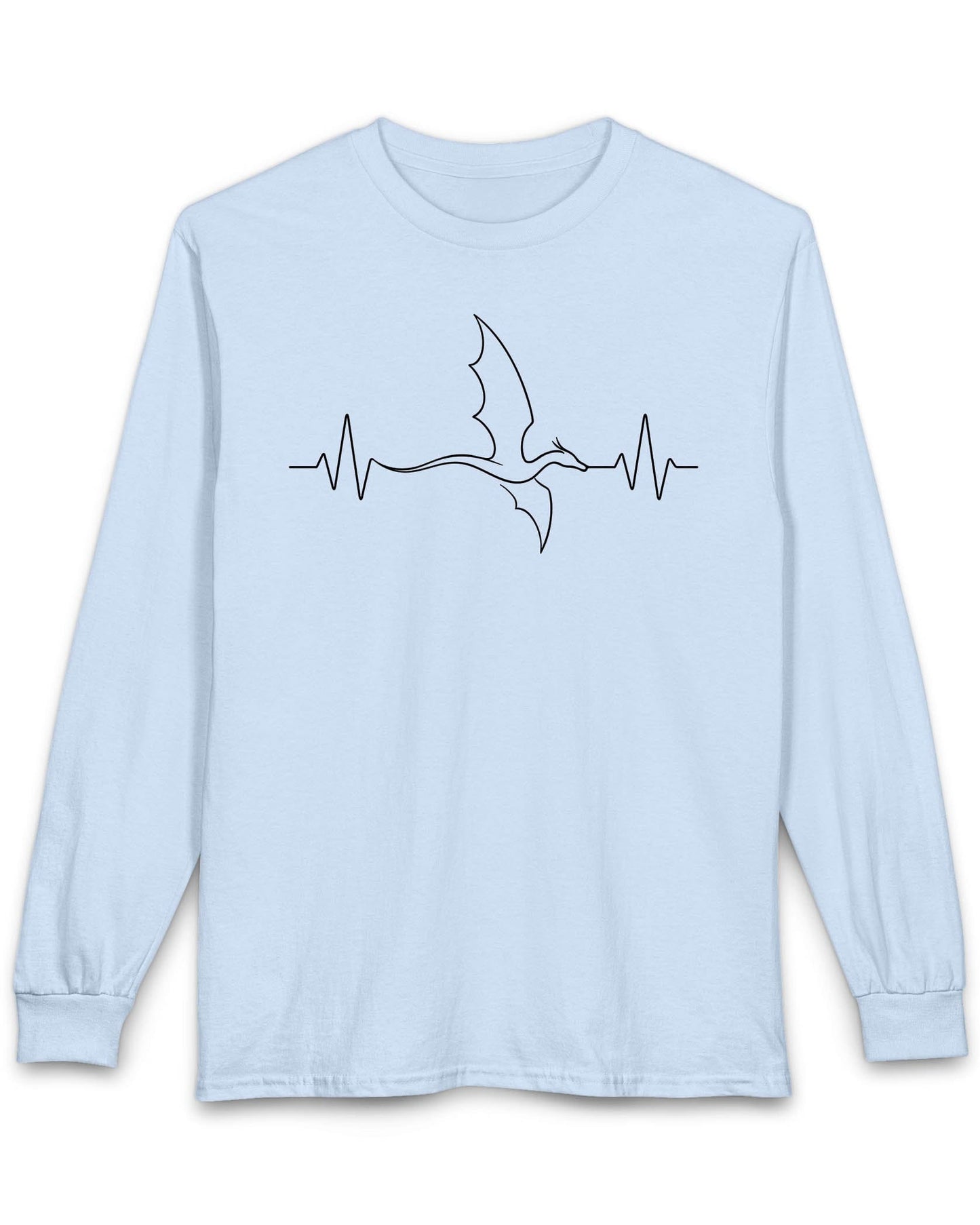 Dragon Heartbeat shirt in light blue, featuring line art of a flying dragon integrated into an EKG line.
