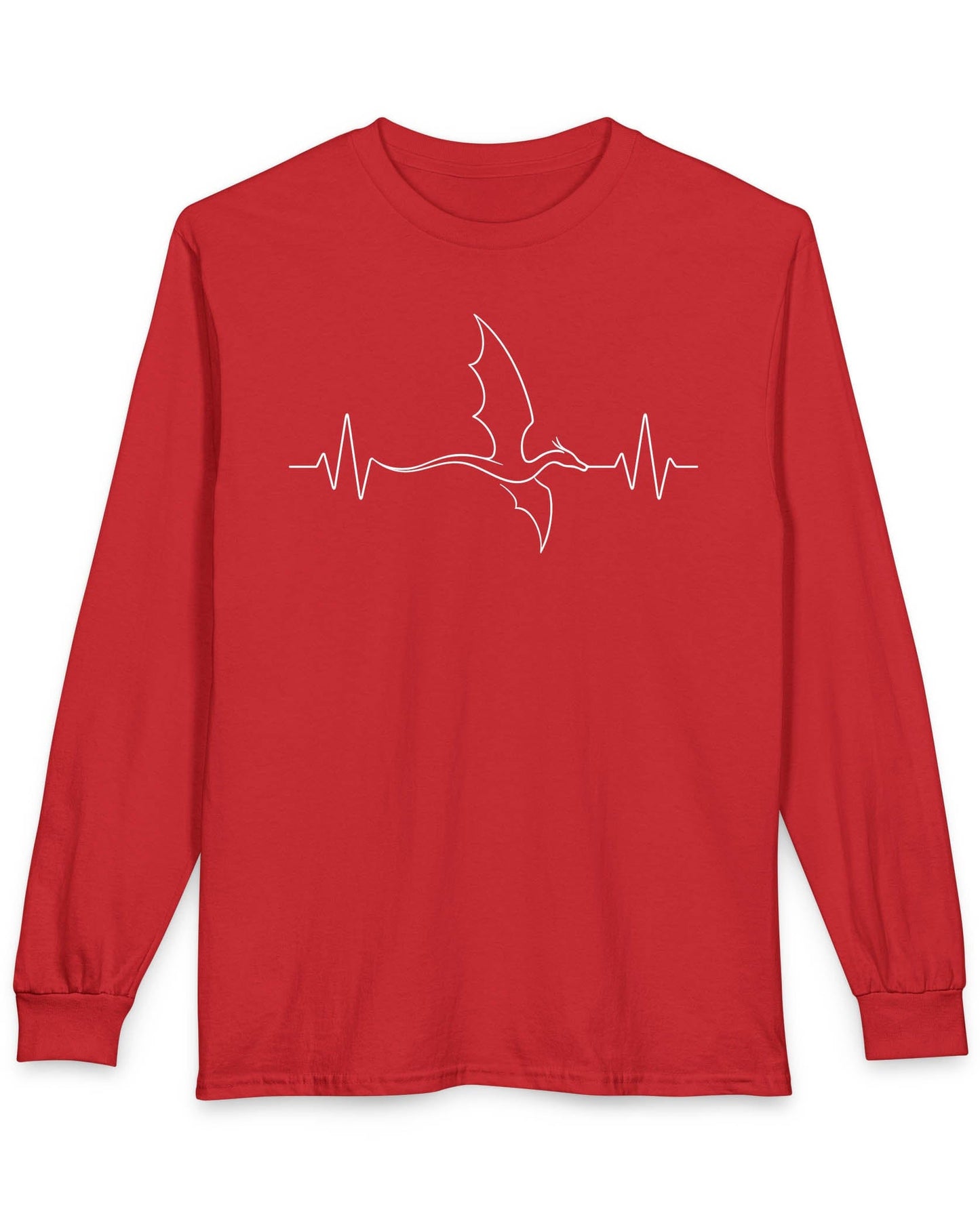 Dragon Heartbeat shirt in red, featuring line art of a flying dragon integrated into an EKG line.