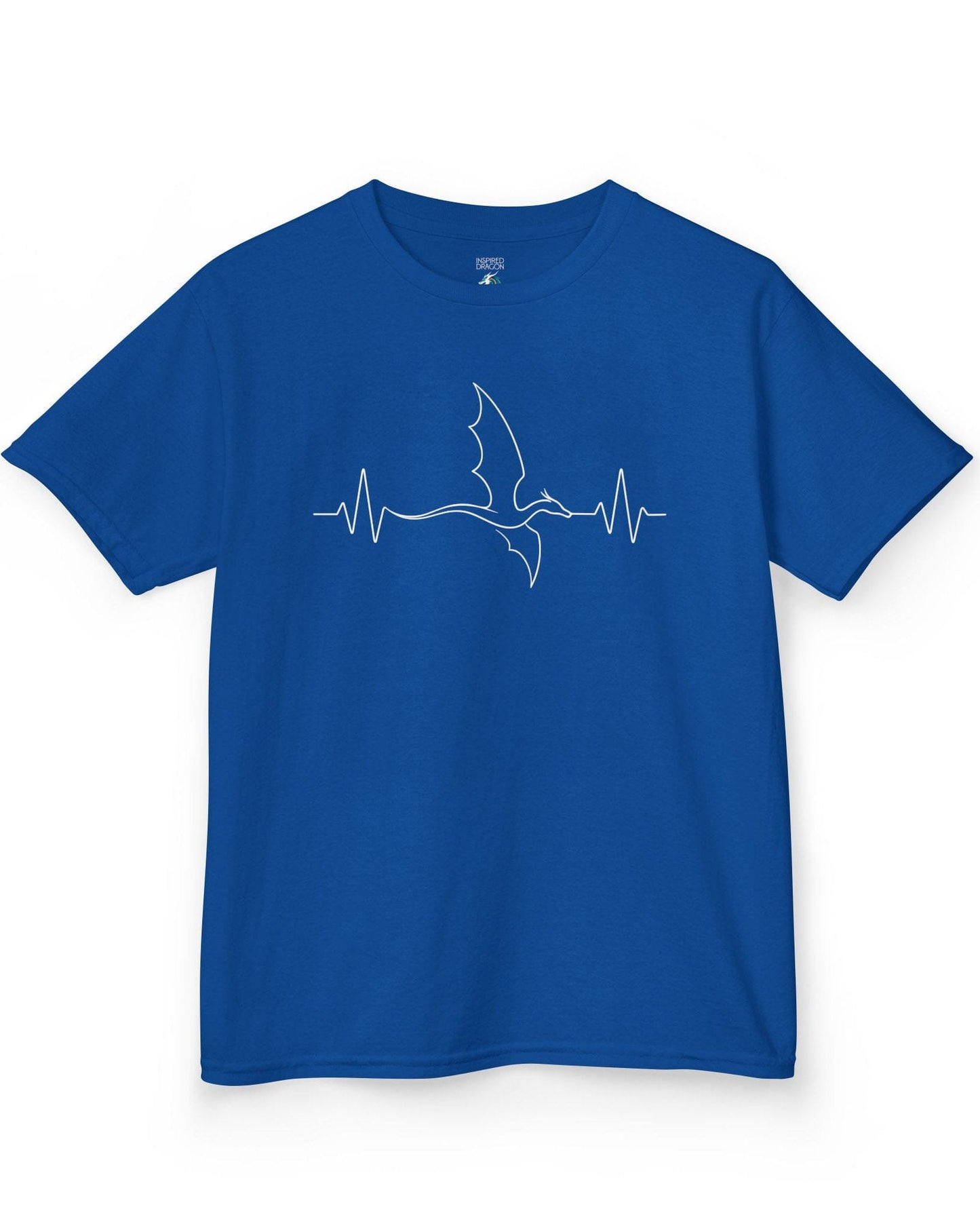 Dragon Heartbeat shirt in royal blue, featuring line art of a flying dragon integrated into an EKG line.