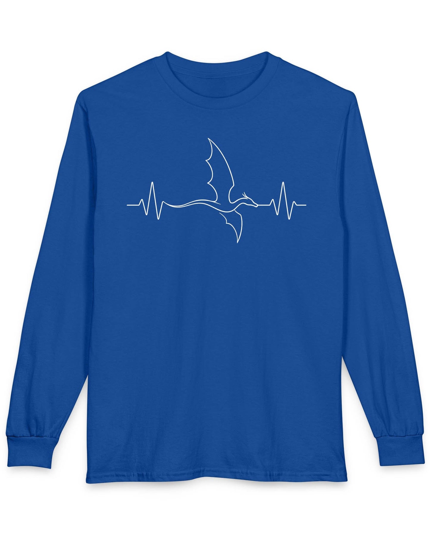 Dragon Heartbeat shirt in royal blue, featuring line art of a flying dragon integrated into an EKG line.