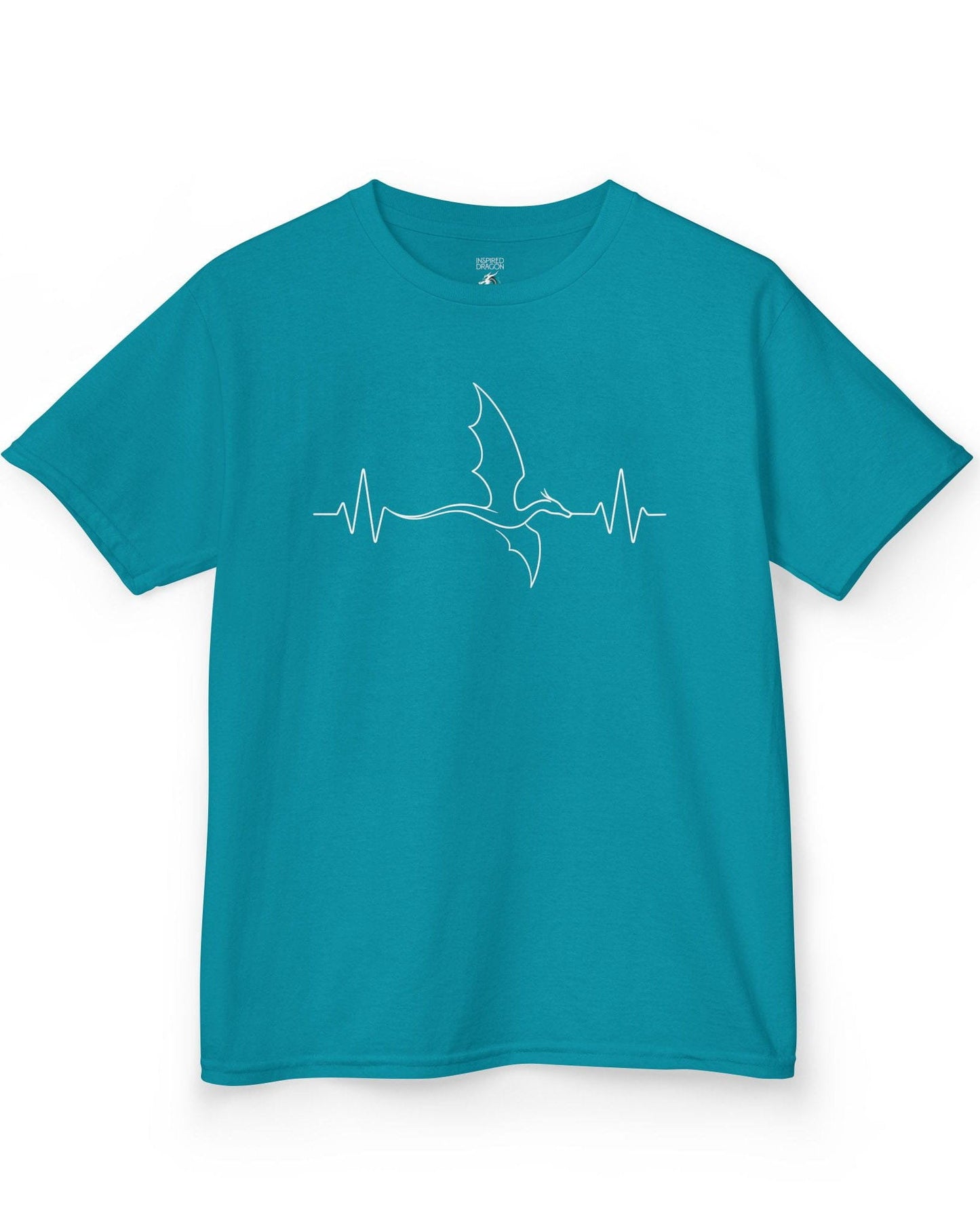 Dragon Heartbeat shirt in tropical blue, featuring line art of a flying dragon integrated into an EKG line.