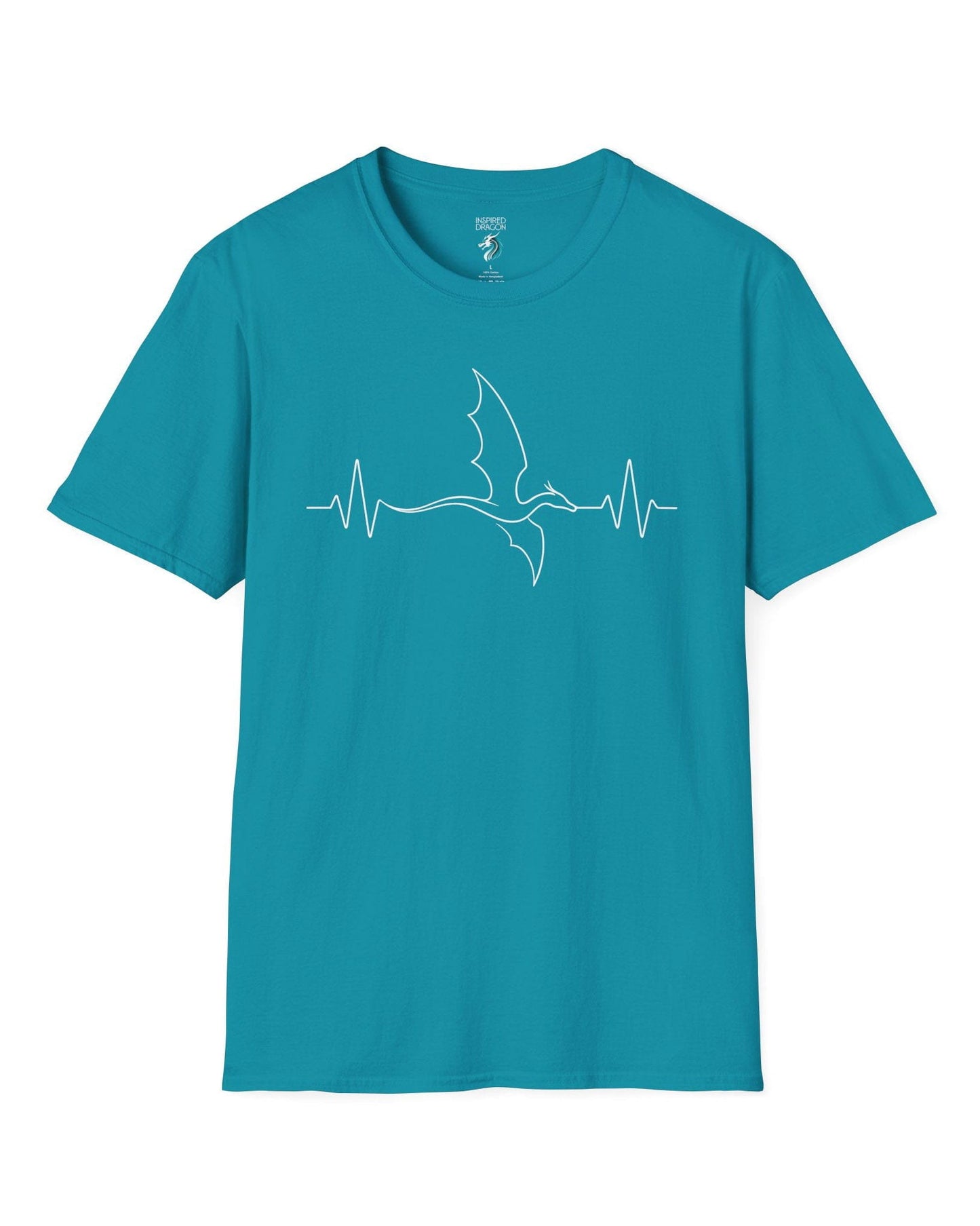 Dragon Heartbeat shirt in tropical blue, featuring line art of a flying dragon integrated into an EKG line.