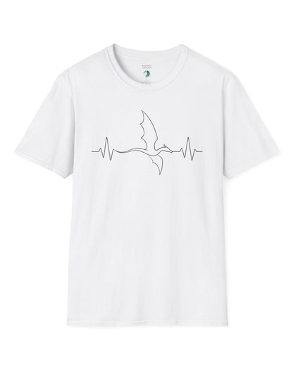 Dragon Heartbeat shirt in white, featuring line art of a flying dragon integrated into an EKG line.