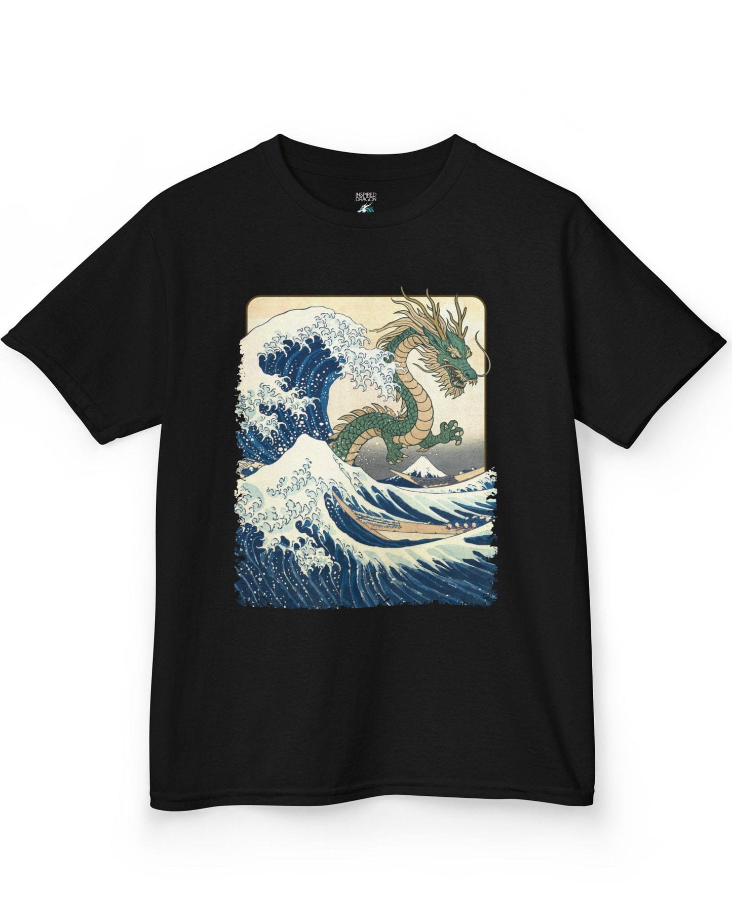 Great Dragon Wave shirt in black, featuring a green dragon emerging from an ocean wave in ukiyo-e art style.